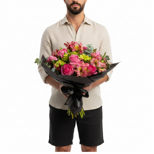 Bouquet floral Juliette com rosas cor-de-rosa, flores em tons rosados e verdes vibrantes, finalizado com folhagens naturais e embalagem preta sofisticada Une Fleur dans la Ville, ideal para presente elegante em São Paulo.