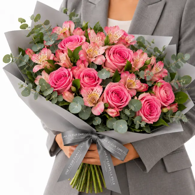 Buquê de flores cor-de-rosa com rosas, astromélias e eucaliptos, embalagem cinza e laço cinza Une Fleur Dans La Ville. Entrega de flores em São Paulo.