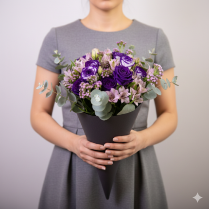 Arranjo floral Flores Lilás Ivy com rosas lilás, flores delicadas em tons de roxo e folhagens de eucalipto, em embalagem moderna Une Fleur dans la Ville, ideal para presente sofisticado em São Paulo