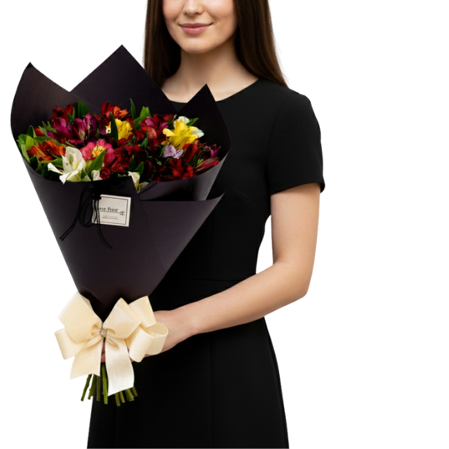 Bouquet Alina com alstroemerias em tons intensos e vibrantes, embalado em papel preto elegante e laço sofisticado, assinatura Une Fleur dans la Ville.