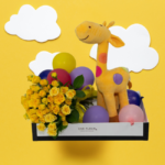 Rosa Spray Amarela e Girafa de Pelúcia