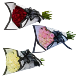 Buquê premium de rosas embalado em papel sofisticado com laço preto elegante. Presente de luxo para ocasiões especiais.