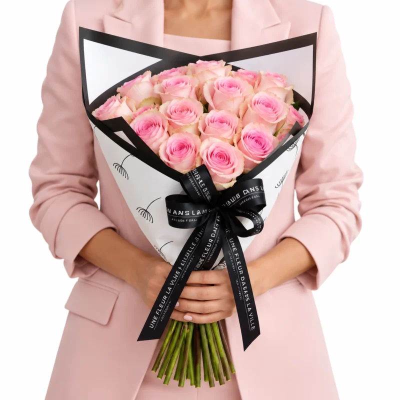 Buquê Lily Rose com rosas cor-de-rosa em tons suaves, embalagem branca com bordas pretas e laço personalizado Une Fleur Dans La Ville, segurado por mulher com blazer rosa-claro.