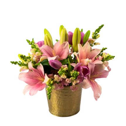 Lirios Cor-de-Rosa em Vaso Dourado - Milla
