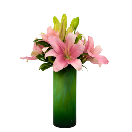Lirios Rosa em Vaso Verde - Milla
