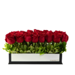 Arranjo de rosas vermelhas em caixa retangular com folhagens verdes, presente de luxo para pessoas sofisticados.