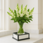 Destacar a beleza, qualidade e sofisticação do arranjo para atrair e incentivar a compra online. A imagem valoriza o acabamento do vaso, a harmonia das flores e a apresentação elegante, transmitindo confiança e emoção ao cliente.