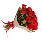 Bouquet de 12 rosas vermelhas premium embaladas em papel kraft com laço vermelho, deitado sobre fundo branco.