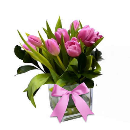 Arranjo de tulipas pink frescas em vaso cubo de vidro transparente com laço rosa decorativo, ideal para presente e decoração