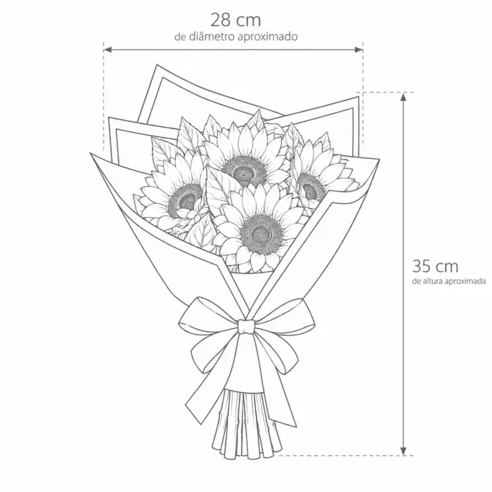 tamanho do bouquet de girassois: 28cm de diâmetro por 35cm de altura