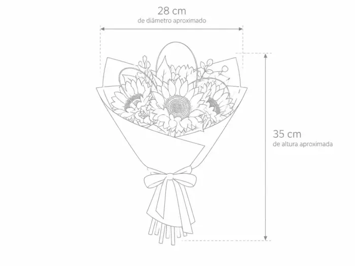 tamanho do bouquet de girassois: 28cm de diâmetro por 35cm de altura