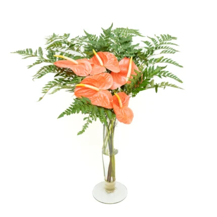 Arranjo de antúrios vermelhos com folhagem avencão em vaso tulipa de vidro transparente – presente elegante da Une Fleur dans la Ville.