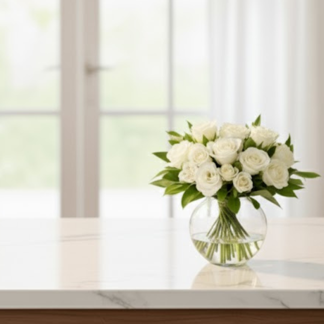 Assinatura Floral Chic Arranjo minimalista de rosas brancas frescas em vaso de vidro redondo da assinatura floral Chic da Une Fleur dans la Ville.