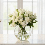 Vaso redondo com rosas brancas sofisticadas da assinatura floral Chic da Une Fleur dans la Ville.