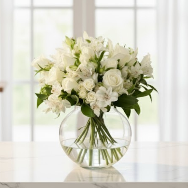 Assinatura floral Très Chic Vaso redondo com rosas brancas sofisticadas da assinatura floral Chic da Une Fleur dans la Ville.