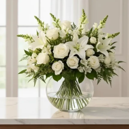 Arranjo de flores brancas com lírios e rosas em vaso redondo de vidro sobre mesa de mármore, representando a assinatura floral Magnifique da Une Fleur dans la Ville em São Paulo.