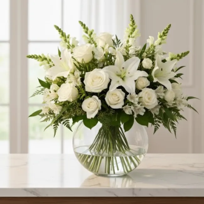 Assinatura Floral Magnifique Arranjo de flores brancas com lírios e rosas em vaso redondo de vidro sobre mesa de mármore, representando a assinatura floral Magnifique da Une Fleur dans la Ville em São Paulo.