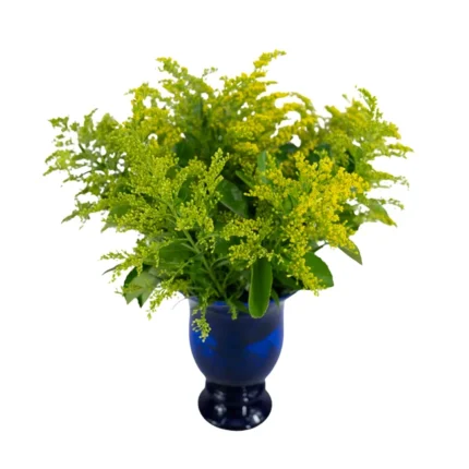 Arranjo de flores amarelas Flor Tango em vaso azul Dámaso, peça vintage que também pode ser usada como porta-velas.
