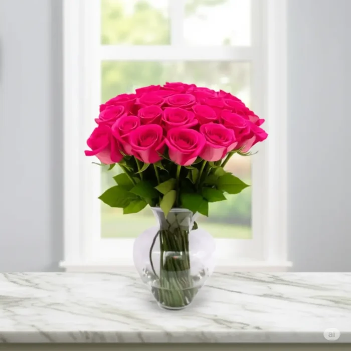 Arranjo de rosas pink com ruscus em vaso de vidro português Dámaso, modelo Roma, presente sofisticado da Une Fleur dans la Ville.