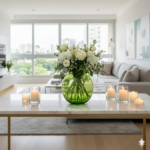 Arranjo de flores brancas em vaso de vidro verde sobre mesa de centro, em sala de estar moderna e iluminada, com velas decorativas ao redor.