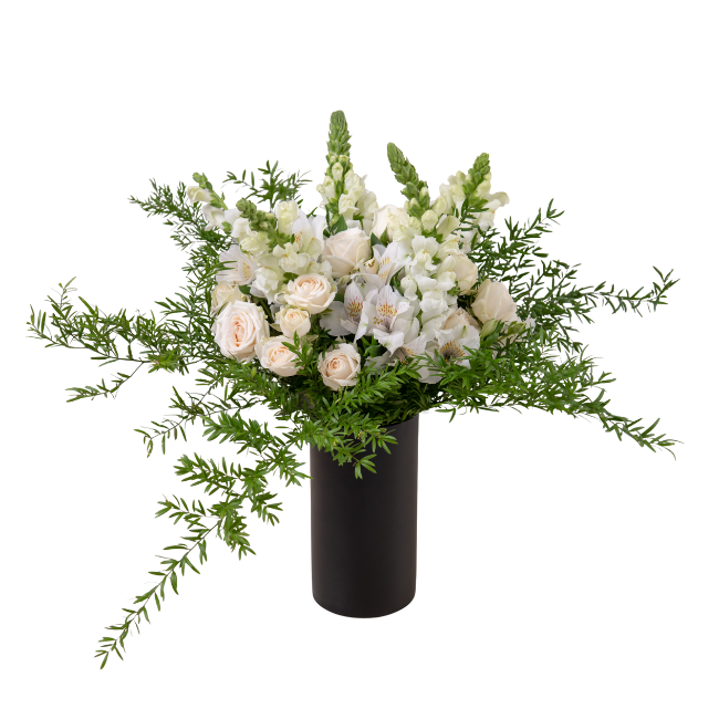 Arranjo de flores brancas em vaso cilíndrico preto com folhagens verdes assimétricas, composição floral contemporânea e elegante.