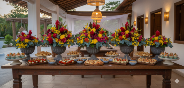 Arranjo floral tropical com alpinea vermelha, craspédia verde, orquídeas amarelas e folhagens aromáticas, em vaso clássico de latão, composição tropical e contemporânea.