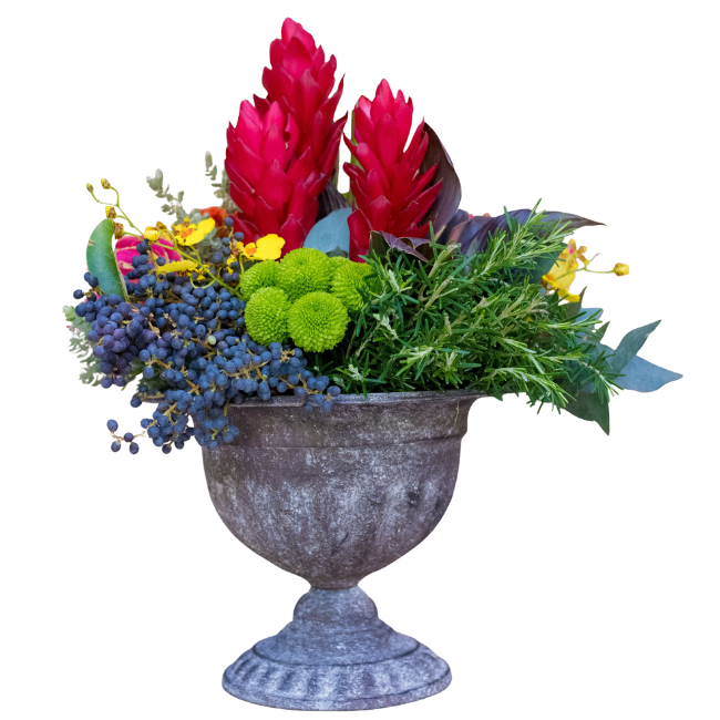 Arranjo floral tropical com gengibre vermelho, craspédia verde, orquídeas amarelas e folhagens aromáticas, em vaso clássico de pedra, composição sofisticada e contemporânea.