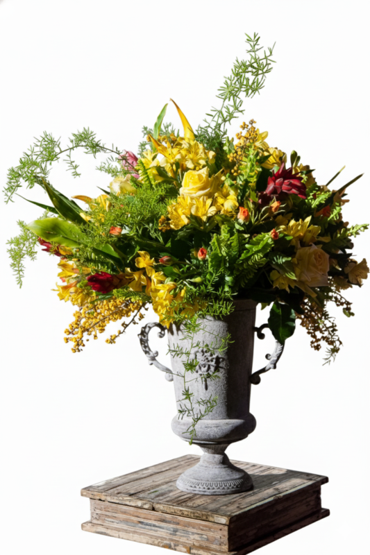 Arranjo floral tropical exuberante com flores amarelas, folhagens volumosas e detalhes em vermelho, em vaso clássico de latão tipo Ânfora com alças ornamentais, composição sofisticada e imponente.