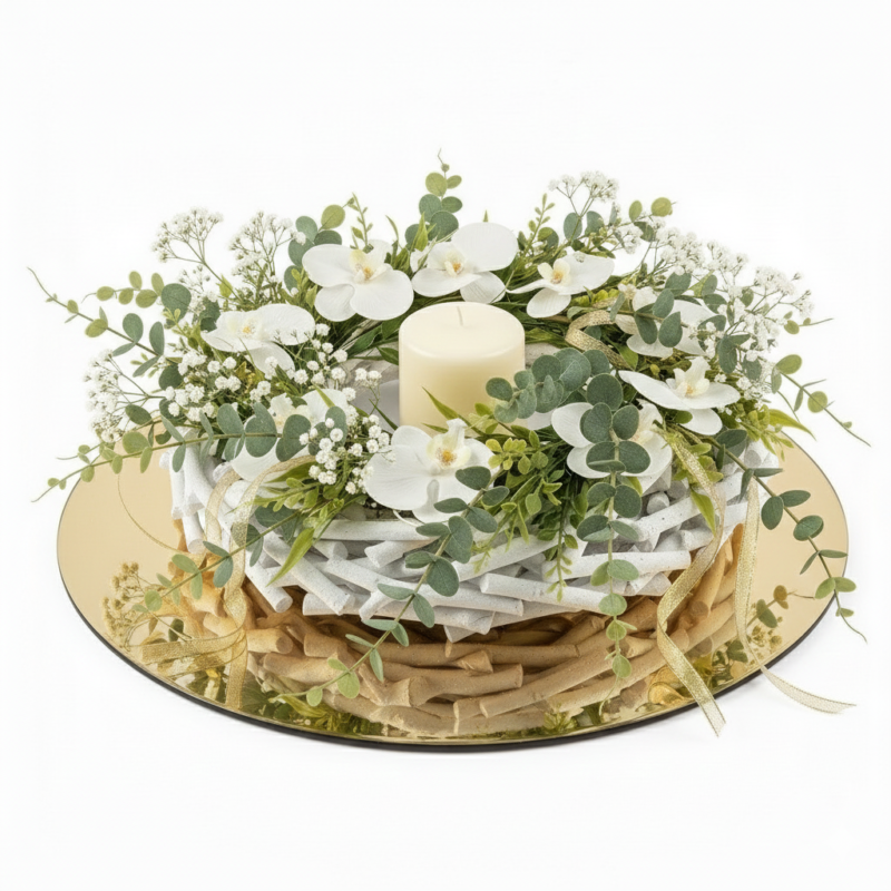 Guirlanda floral branca com flores delicadas, folhagens de eucalipto e vela central decorativa sobre base espelhada, estilo sofisticado e natural.