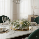 Guirlanda floral branca com vela central decorando mesa de jantar sofisticada, com taças, louças elegantes e ambiente contemporâneo iluminado por luz natural.
