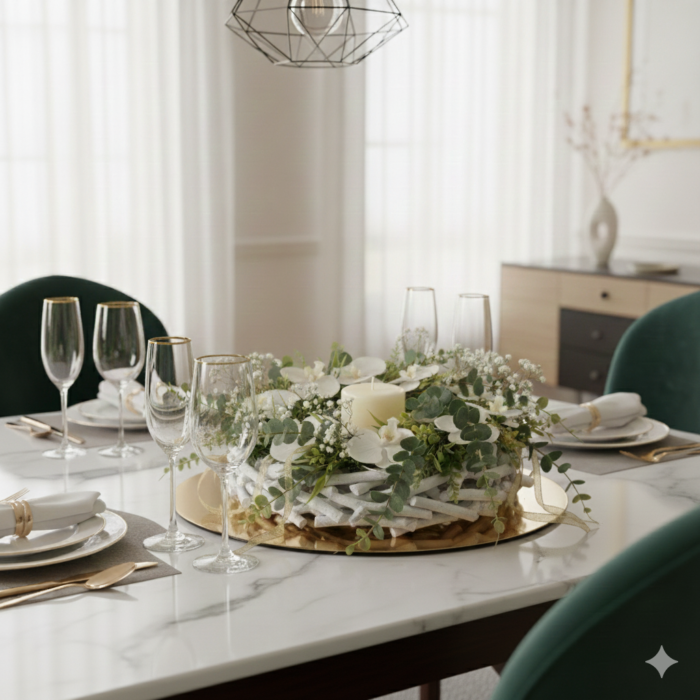 Guirlanda floral branca com vela central decorando mesa de jantar sofisticada, com taças, louças elegantes e ambiente contemporâneo iluminado por luz natural.