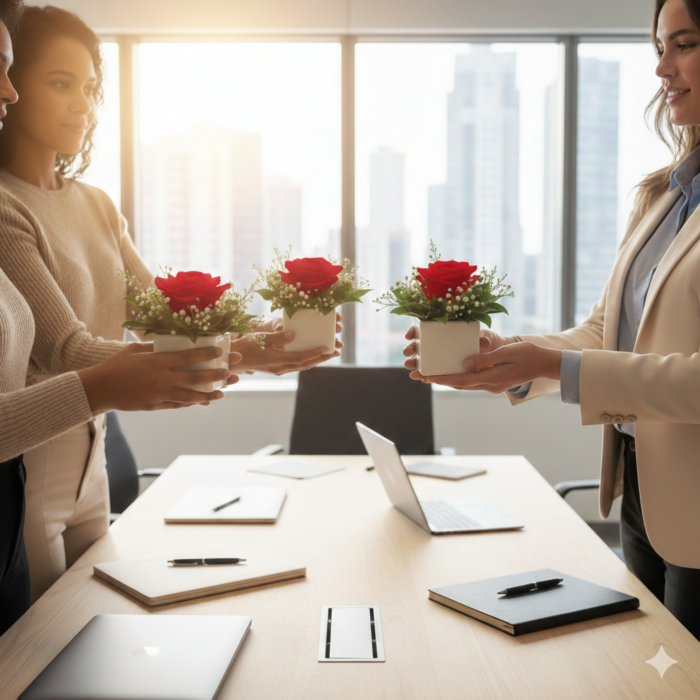 Arranjo individual de rosa premium em cachepô branco Lulu para brinde corporativo de Dia da Mulher em São Paulo nas mãos de tres mulheres executivas