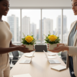 Duas mulhres no escritorio segurando 1 arranjinho Rosa premium amarelaLulu em cachepô clean, ideal para recepção de clínicas de estética e brindes sofisticados para o Dia da Mulher.