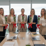 Cinco mulhres segurando 5 hastes de rosas colombianas vermelhas