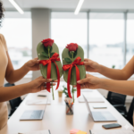 Mãos de mulheres de diversas etnias recebendo rosas colombianas vermelhas da edição Galerie em um escritório corporativo moderno em São Paulo.