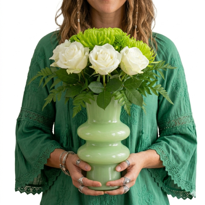 Arranjo sofisticado de rosas brancas e flores verdes em vaso moderno verde com folhagem de samambaia