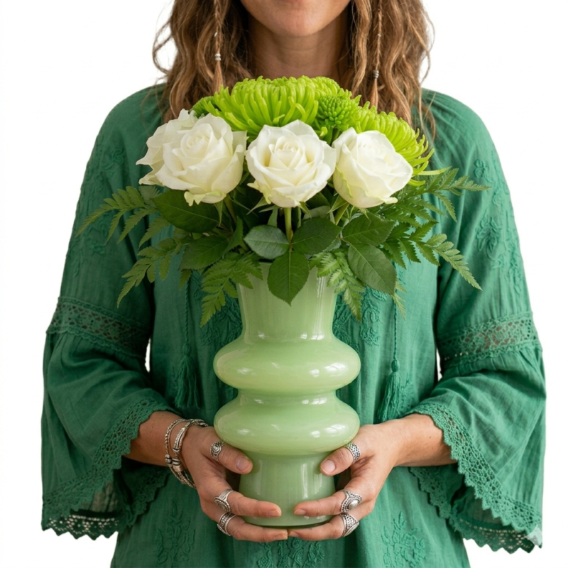 Arranjo sofisticado de rosas brancas e flores verdes em vaso moderno verde com folhagem de samambaia