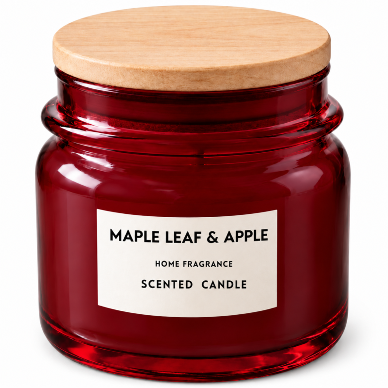 Vela aromática Maple Leaf & Apple em vidro vermelho com tampa de madeira