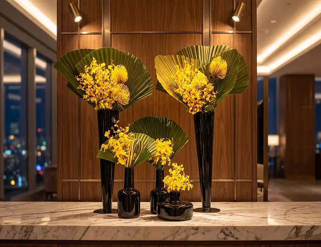 arranjos de flores em um vaso preto em cima de uma mesa de recepção corporativa.