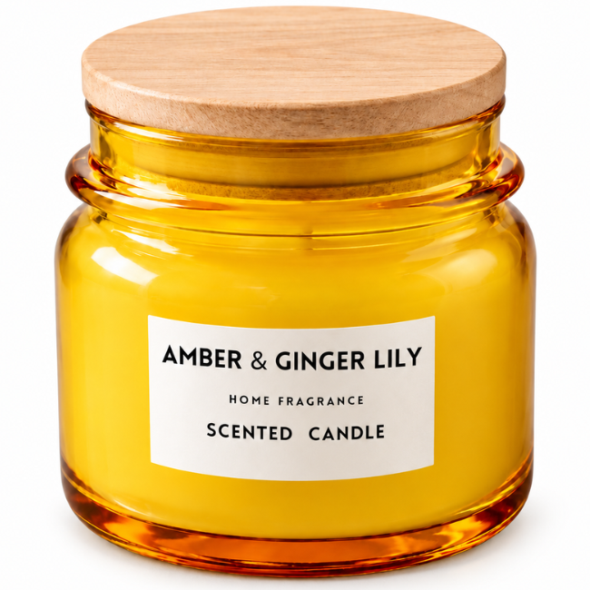 Vela perfumada Amber Ginger – Lily em pote de vidro amarelo com tampa de madeira
