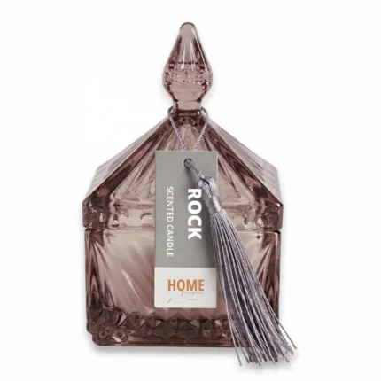 Vela Perfumada Rock em pote de vidro rosé decorativo com tampa e tassel