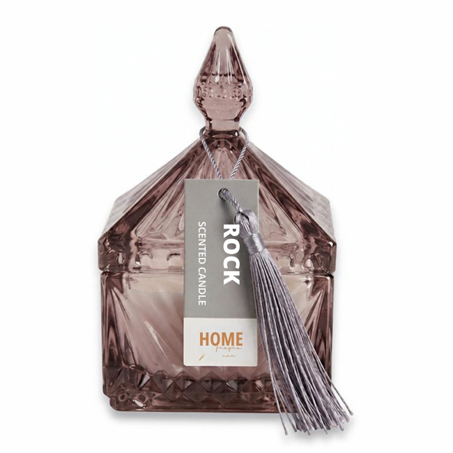 Vela Perfumada Rock em pote de vidro rosé decorativo com tampa e tassel
